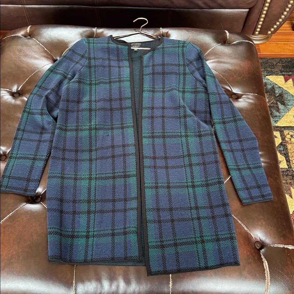 Talbots Navy & Green Plaid Open-Front Long Cardigan